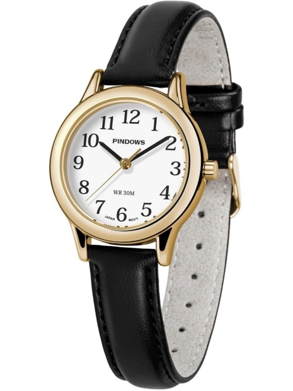 Women's Gold-Black Leather Band Small Analog Arabic Numerals Quartz Wrist Watch